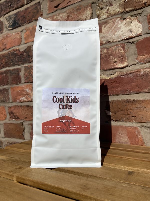 Cool Kids Coffee Original Blend — 1kg bag with red label, Brazil and Uganda house roast
